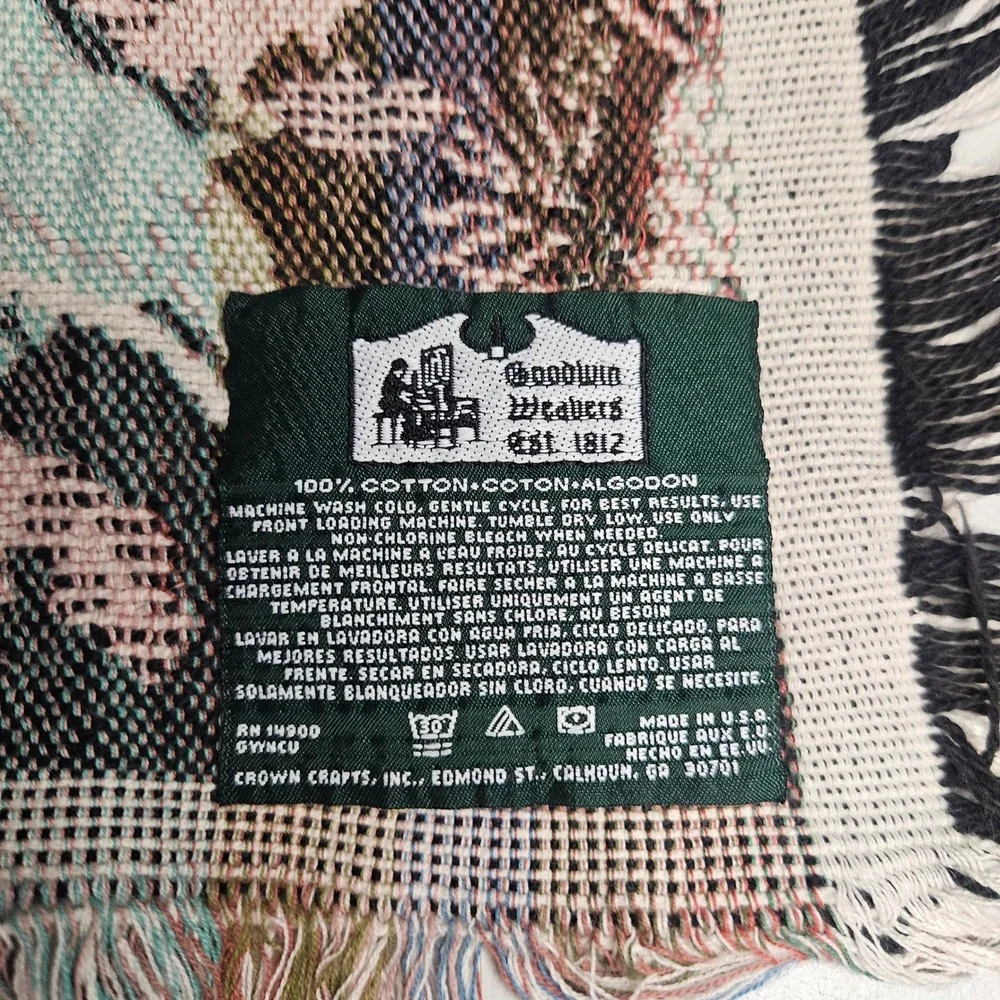 Vtg Goodwin Weavers Cotton Tapestry Throw Blanket Birds Fruit Botanical‎ USA